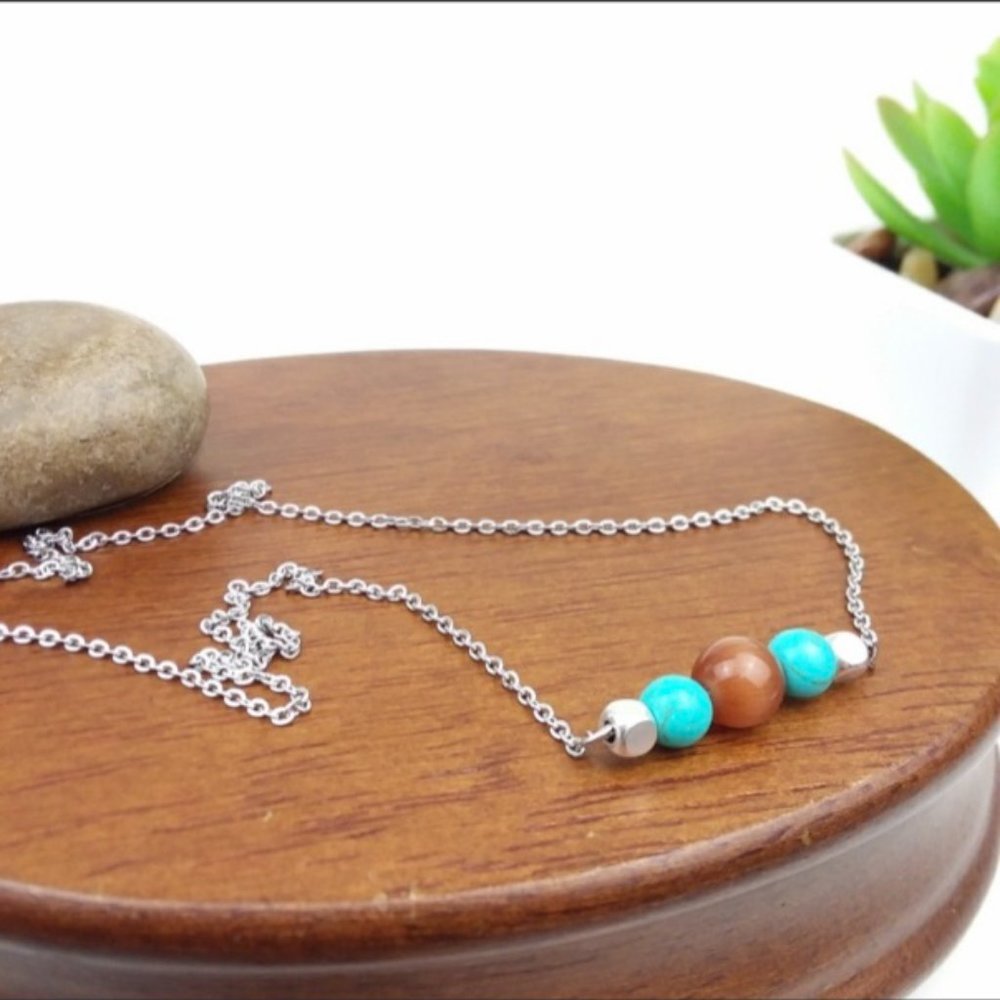 Turquoise & Brown Cat Eye Bead Silver Necklace